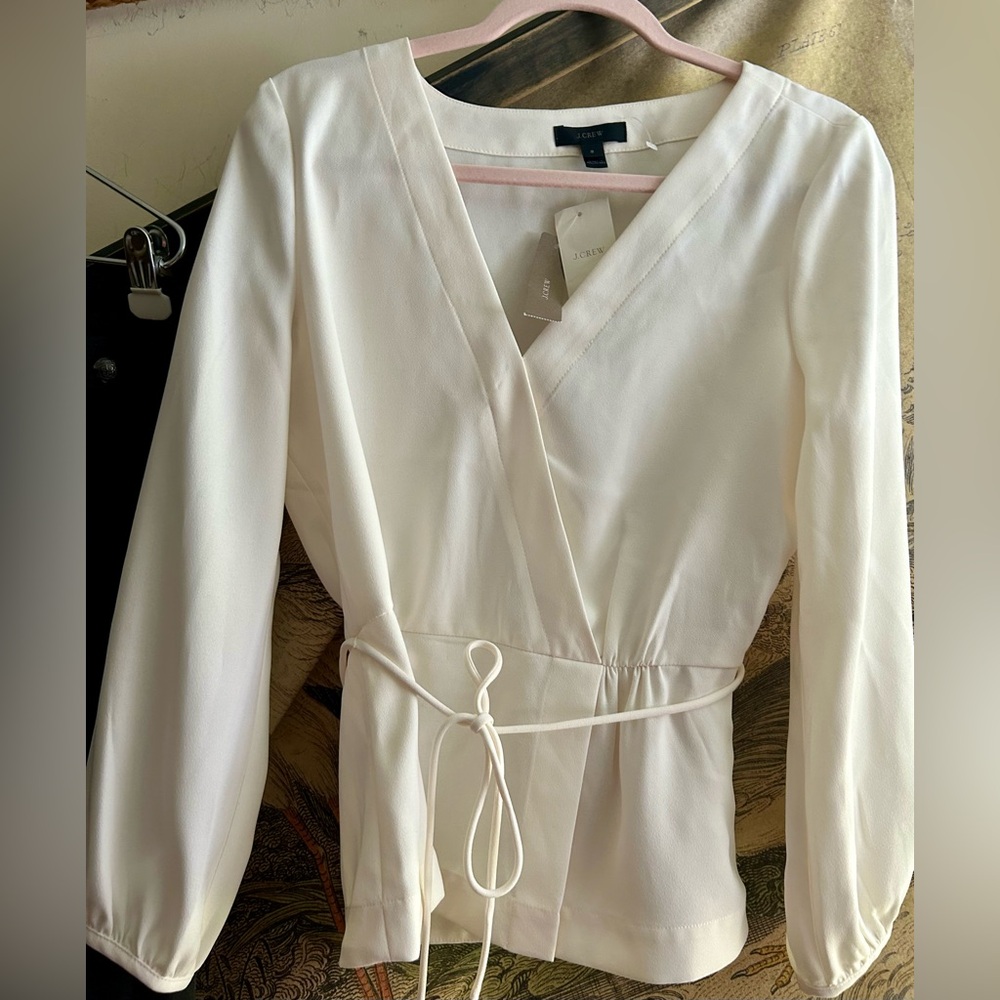 New J Crew Ivory Faux Wrap Top Blouse SZ 8